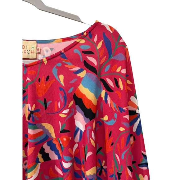 Judith March Womens Pink Multicolor Boho Floral Parrot Print Poncho Blouse M - Picture 3 of 4